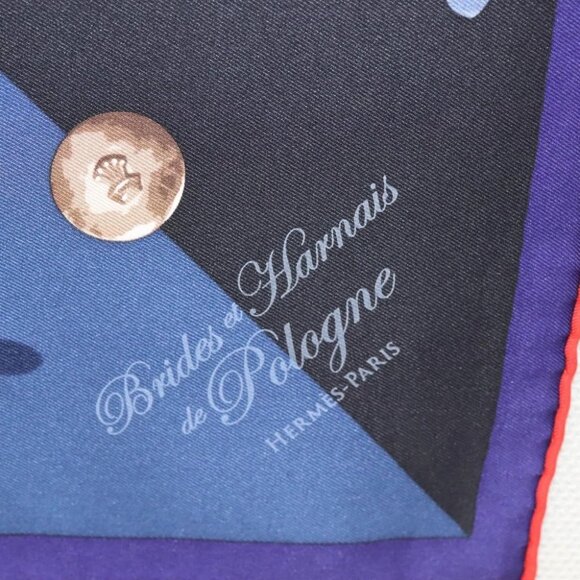 HERMES Carre 70 Scarf ""Brides et Harnais de Pologne"" Silk Blue - Picture 8 of 10